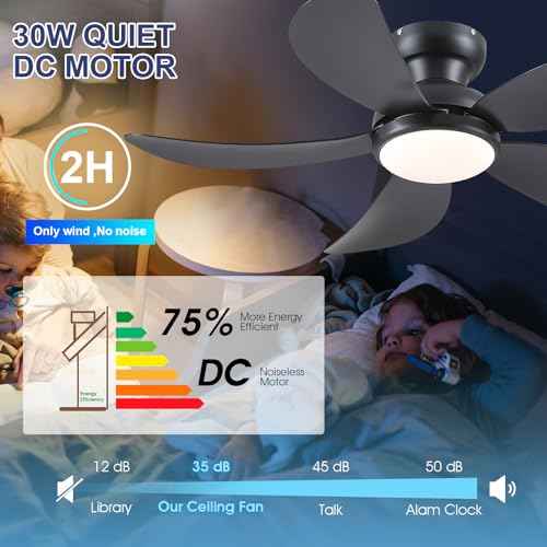 PHORUS 42" Black Low Profile Ceiling Fans with Lights and Remote,Small Flush Mount Ceiling Fans with Quiet Reversible DC Motor, Dimmable 3 CCT