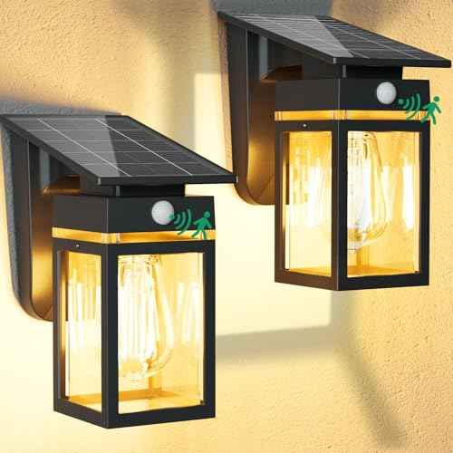 2 Pack Solar Porch Lights Outdoor, Dusk to Dawn & Motion Sensor Wall Light with Lantern Shape, 3 Modes IP65 Waterproof, E26 Bulb Exterior Sconce for Front Porch, Garage, Patio Security