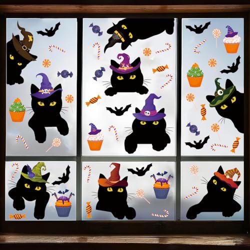 Halloween Window Decorations,Black Cat Halloween Window Clings,Pumpkin Black Cat Theme Wall Stickers,Haunted House Decor,All Hallows' Day Bat Candy Dessert Wall Decals for Home Room Kitchen