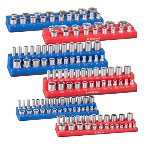 Spurtar Magnetic Socket Organizer 6Pcs, Metric and SAE Magnetic Socket Holder Includes 1/4", 3/8", 1/2" Drive Metric SAE Socket Organizer for Tool Box Drawer, Holds 143 Standard and Deep Size