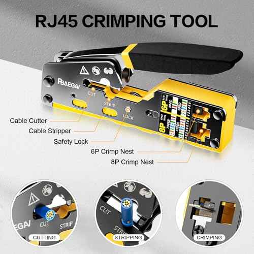 RJ45 Crimp Tool Kit Pass Through Crimper RJ45 Crimping Tool Stripper Cutter Crimper All-in-One for 8P RJ45 Cat5 Cat5e Cat6 6P RJ11/12 Telephone Connectors Network Enthernet Crimper kit (2)