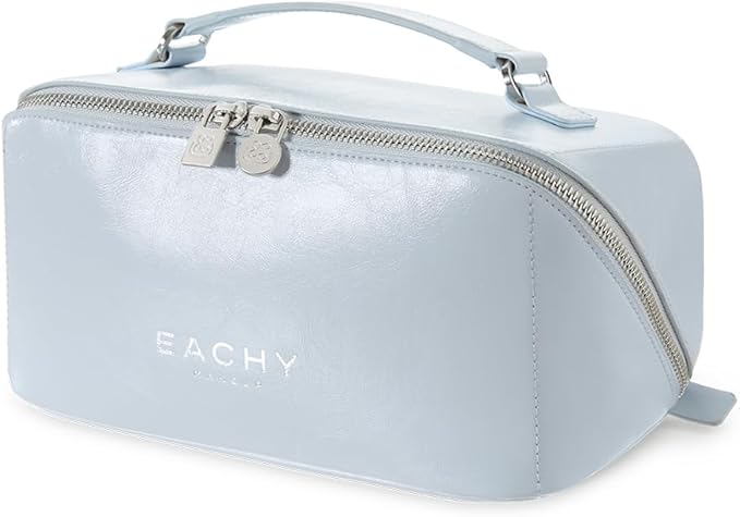 EACHY Travel Makeup Bag, Large Capacity Cosmetic Bag for Women, Waterproof PU Leather, Flat Open Portable Toiletry Bag for Skincare, Brushes & Travel Essentials