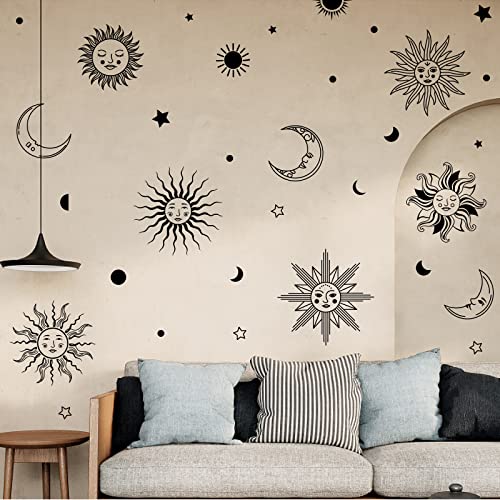 PLIGREAT Sun Crescent Star Moon Faces Wall Stickers, Waterproof Removable Vinyl Peel and Stick Wall Decals for Bedroom Living Room Boho Ethnic Wall Decorations Home Indoor DIY Wall Art Decor