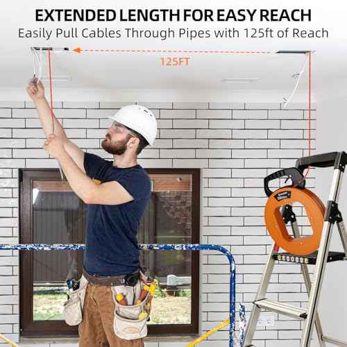 125 ft Electrical Fish Tape, 3/16-inch PET Wire Puller with Optimized Housing and Ergonomic Handle, Flexible Non-Conductive Cable Puller Tool with Steel Leader for Walls and Conduit