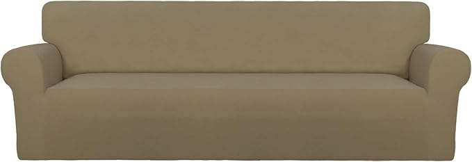 PureFit Super Stretch 4 Seater Sofa Slipcover – Spandex Non Slip Soft Couch Sofa Cover, Washable Furniture Protector with Non Skid Foam and Elastic Bottom for Kids, Pets （XX Large, Tan）