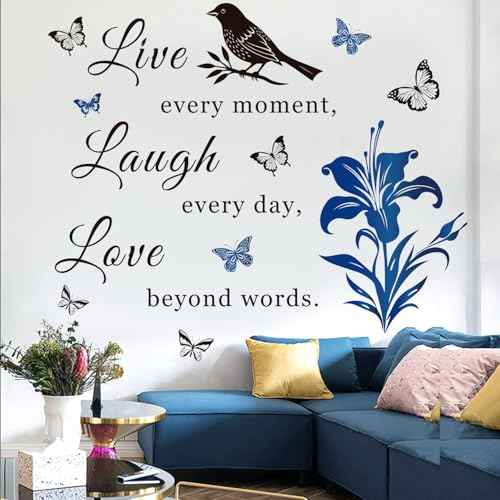 Motivational Wall Decal Quote Live Every Moment Laugh Every Day Love Beyond Words Wall Decals Family Inspirational Wall Stickers for Bedroom Living Room Window Decor Home Decor.(Blue)
