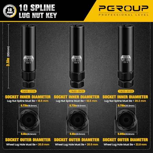 10 Spline Lug Nut Key, Lug Nut Socket Set For 3-Piece Pack Wheel Lock Removal Kit, Lug Nut Removal Tool Of TA20-17/19, TA20-19/21£¬TA23-21/22, Cr-V Steel, Wheel Replacement Key To Double-Hex Heads