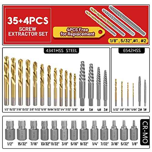 39 Pcs Screw Extractor Set, 6542/4341 HSS Left Hand Drill Bit Set, Easy Out Extractor Set Multi-Spline Stripped Screw Extractor Set for Removing Damaged Broken Rusted Nuts, Bolts