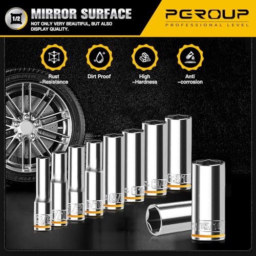 10PCS 1/2¡± Drive Deep Socket Set, SAE (3/8"-15/16"), 6-Point, Cr-V Steel, Chrome Plated Socket With Hanging Bracket, Cover Most Commonly Sizes