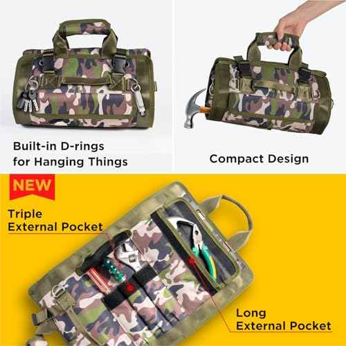 Tool Bag, Heavy Duty Tool Organizer, Portable Tool Pouch for Men, 6 Detachable Pouches, Foldable Carrying Tool Storage, Mechanic & Electrician Dad Birthday Gifts, Camo-Green