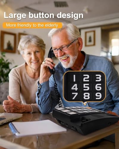 Big Button Phone for Seniors, Landline Telephone for Home with Picture, Durable Hand-Free Phone with LED Call Alert, Adjustable Volume and 3 One-Touch Dialing for Elderly, Black