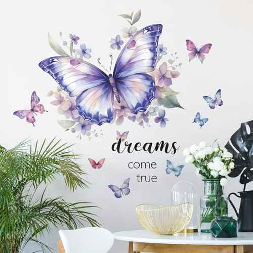Purple Butterfly Wall Decals Removable Butterfly Flower Wall Stickers Peel and Stick Butterflies Wall Decor Stickers for Kids Girls Bedroom Nursery Bathroom Decorations VA-G006