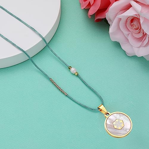 Medical Alert Necklace for Women Shell & Gold-Tone Stainless Steel Emergency ID Tag Pendant Necklace for Girls Custom Engraved Medical Alert Jewelry