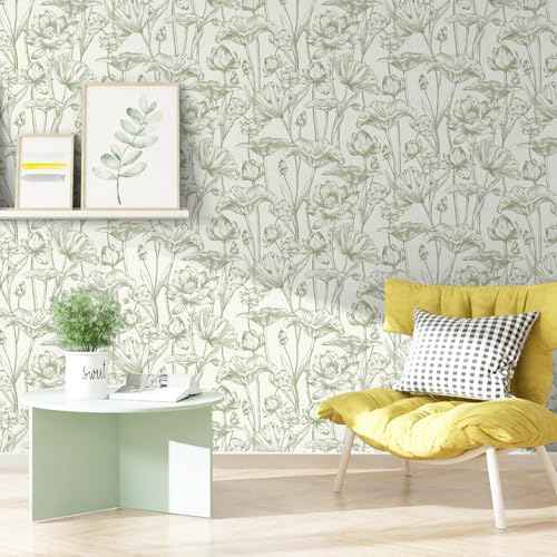 Vinjiasin Peel and Stick Wallpaper Green Floral Contact Paper Boho Modern Lotus Wall Paper for Bedroom Bathroom Living Room Self Adhesive Removable Flower Leaf 17.3"x 78.7"