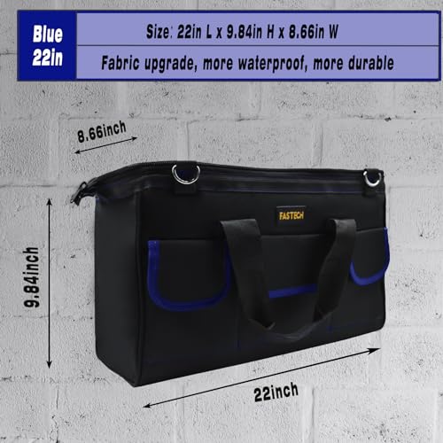 FASTECH 22 Inch Tools Bag, Waterproof Wide Mouth Tool Kit, Tools Big Bag, Heavy Duty Tool Tote Organizer With Adjustable Shoulder Strap For Men/Women (22IN Blue)