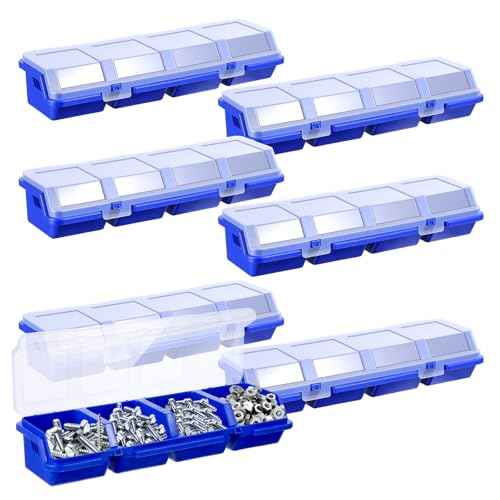 6Pcs Screw Organizer Box with Lids,Small Parts Storage Bins with Locks 4 Divider Compartment Sorting Toolbox Case for Garage Tools Nails bolt Plastic Hardware Containers