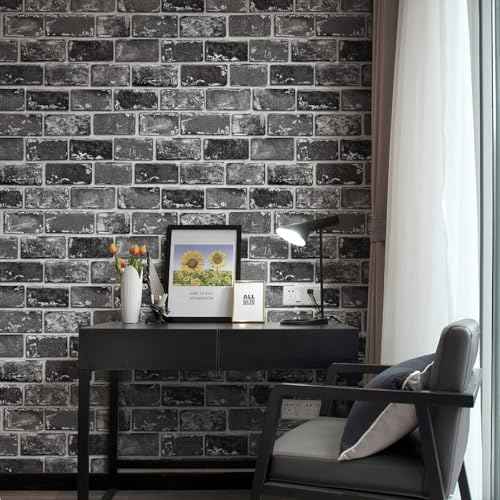 GaliGali Black and Silver Brick Wallpaper, Peel and Stick Wallpaper, Self-Adhesive Classic Antique Texture Rock Wall Paper, Removable Contact Paper for Home Decoration 17.3"x118", No.A07020J-3