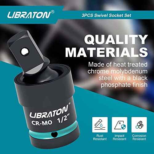 Libraton Swivel Socket Set, Impact Swivel Socket Set, Wobble Socket, Impact Grade Universal Joint, Cr-Mo Steel, 1/4-Inch, 3/8-Inch, 1/2-Inch Drive