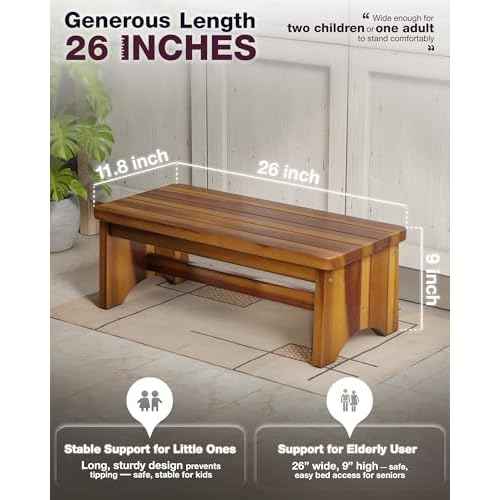 Extra Wide 26in Wooden Step Stool, Heavy Duty One Step Stool for Adults and Seniors, Holds Up to 550 lbs, Reinforced Cross Bar, Non-Skid Surface, Multipurpose Use for Kitchen, Bathroom, Bedroom