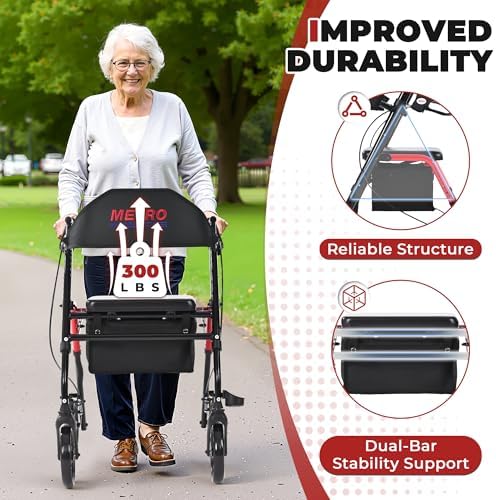 Metro Mobility Rollator Walker with Seat for Seniors, Foldable Lightweight Rolling Walker, 8" Big Wheels for All Terrain, 300 lb. Weight Capacity, Red