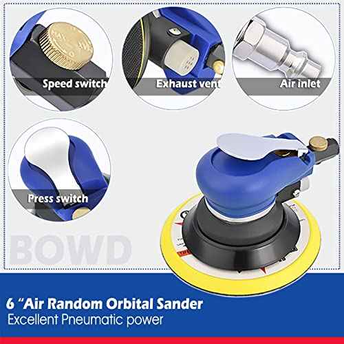 6 Inch Air Random Orbital Sander, Pneumatic Palm Sander tool with 10 Pcs Sandpapers, Air Sanders For Auto Body Work By Bowd