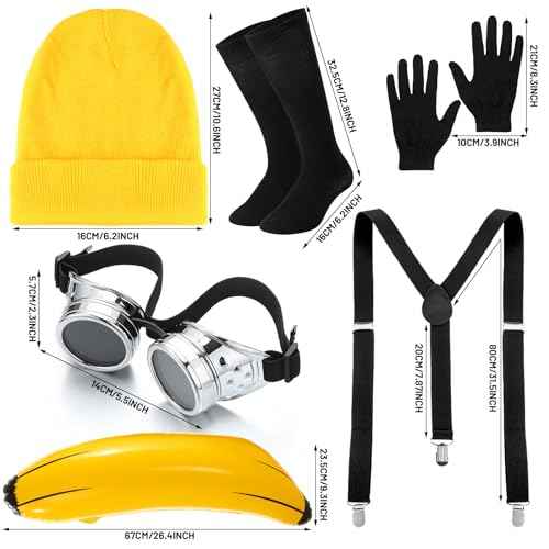 7 Pcs Halloween Costume Accessories for Adult, Beanie Goggles Banana Suspenders Gloves Socks for Cosplay(Yellow)