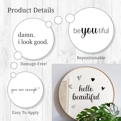Affirmation Mirror Decals - Set of 6 Black Vinyl Quotes Be Amazing Today | Hello Beautiful | I Look Good | You Look Fabulous Darling Bathroom Mirror Sticker