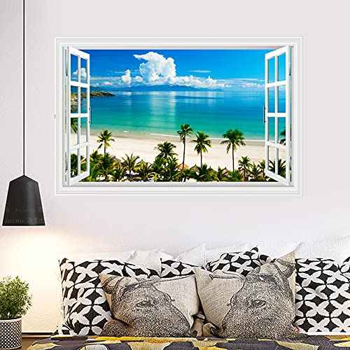 Kiddale Fake Windows Wall Sticker, Removable 3D Beach Seascape Faux Windows Wall Decals for Bedroom Living Room Decoration,27.5"x18"