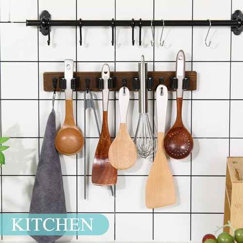 Chunful 4 Pack Mop and Broom Holder Wall Mount, Rustic Wood Broom Hanger with 4 Slots & 4 Hooks, Wall Mounted Garden Tool Rack Organizer for Bathroom Kitchen Closet Garage Room Office