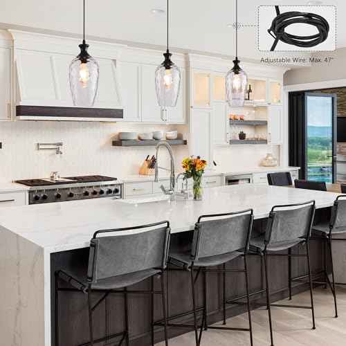 Glass Pendant Lights Kitchen Island, 1-Light Black Pendant Light Fixtures with Hand-Blown Clear Glass, Farmhouse Hanging Light for Kitchen Sink Dining Room Bedroom, E26