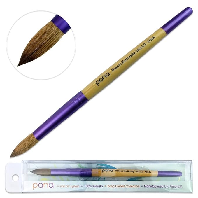 PANA Pure Kolinsky Hair Acrylic Nail Brush - Round Shape Purple Ferrule with Beige Wood Handle (Size 16) - Nail Brush for Acrylic Nail Application, Nail Extension, Manicure Pedicure Salon Beginner and