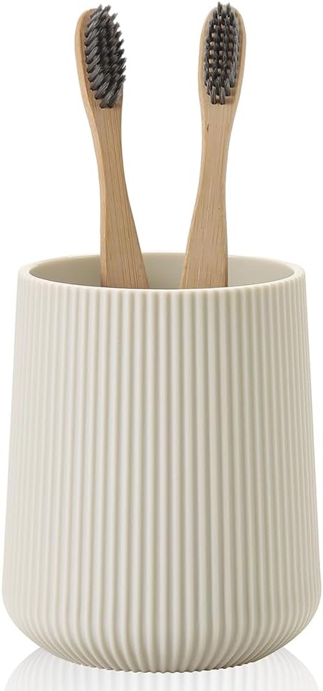 YAUKPH Beige Striped Toothbrush Holder for Electric Toothbrushes Bathroom Organizer Cup for Toothpaste Kids & Adults