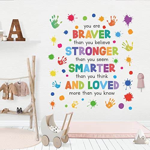 Motivational Wall Decals for Kids ? Braver Stronger Smarter Loved Inspirational Quote Stickers, Peel and Stick Positive Affirmations for Nursery, Playroom, Preschool, Classroom Decor