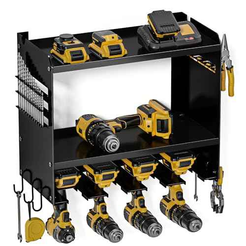 Power Tool Organizer Wall Mount, 15 Min Fast Assembly & Maximum 100lb load by Heavy Duty Metal, 4 Slots for Cordless Drill, Garage Storage Shelf with Hooks, Father/Men/Husband Birthday Gift