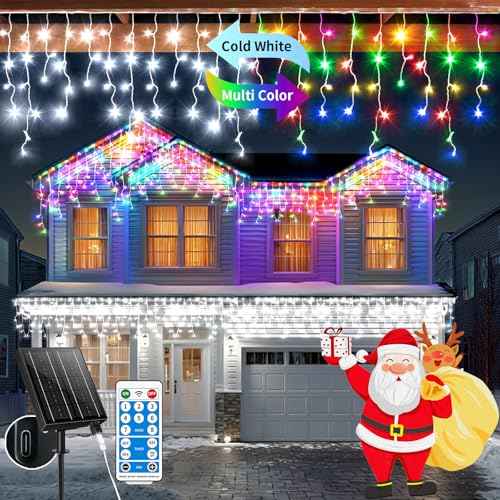 Solar Christmas Lights Outdoor, 66+16Ft 660LED Multicolor & Cool White Dual Color Changing Icicle Lights 2400mAH Connectable Rechargeable Dimmable Remote 8 Modes for Xmas House Roof Holiday Party