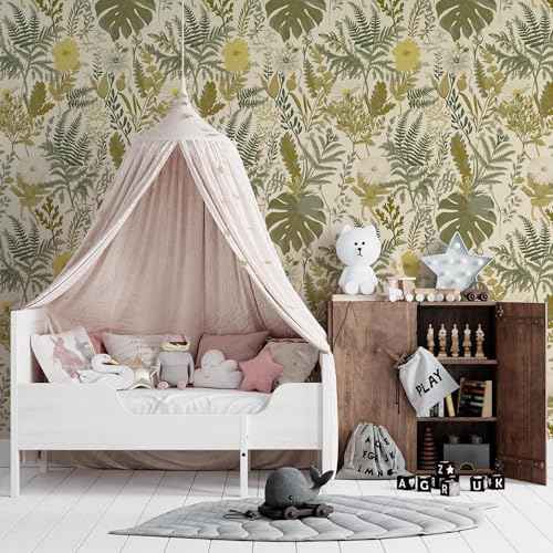 Peel and Stick Wallpaper Boho Bathroom Wallpaper Green/Yellow/Beige Wall Paper 17.7"x118" Removable Self Adhesive Contact Paper Tropical Botanical Floral Fern Leaves Wall Mural