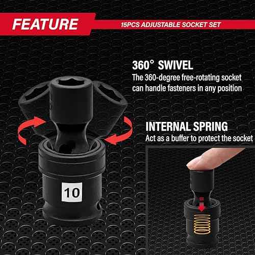 Universal Swivel Impact Socket Set, Premium Cr-Mo Steel | 15-Piece Metric 8mm - 22mm Set | 6 Point | 3/8-Inch Drive