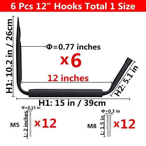 Garage Storage Jumbo Arm Hook Heavy Duty Wall Mount Organizer Utility Garden Hanger with EVA Protector, 6 Pcs 15" Kayak Storage Hooks
