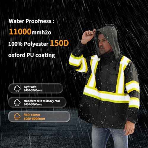 Reflective Rain jackets for men waterproof,Hi Vis Safety Coat With Reflective Strips£¬High Visibility Class 3 Rain jackets With 2 large pockets£¬Zipper,Black £¬LG/XL