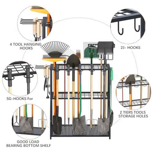 Organizer Yard Tool Storage Rack,Garden Organizer,Steel Yard Tool Racks To Store Long-Handled Tools,Tool Holder For Garden,Shed,Outdoor,Black