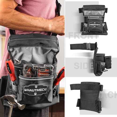 HAUTMEC Heavy Duty Framing Tool Belt Electrician Tools Pouch Organizer Work Belts, 12-Pocket 1680D Tool Bag with Waist Strap Hammer Holder and 360¡ÆReflective Strips, Black & Gray
