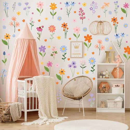 Wild Flower Wall Decals - Peel and Stick Removable Floral Wall Stickers for Nursery, Bedroom, Living Room Decor (8 Sheets 102 Pcs Wildflower Mural Art, Garden Theme)