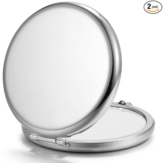 Compact Mirror Bulk, Set of 2 Double-Sided 1X/2X Magnifying Purse Pocket Makeup Mirrors(Round, Silver)