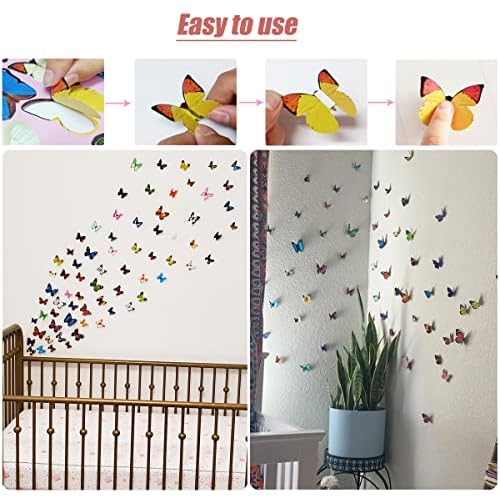 90 PCS Butterfly Wall Decor, Plastic Butterflies Sticker Waterproof Removable Reusable Mural Wall Decals for Home Room Bedroom Nursery Party Decorations
