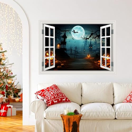 Fake Window Wall Decals Halloween Pumpkin Castle Bat Night View Terror Mural Faux Window Sticker Poster Open Wall Art Picture£¬ for Room Office Decor Stick and Peel Natural Scenery Scene 16¡°x24¡±