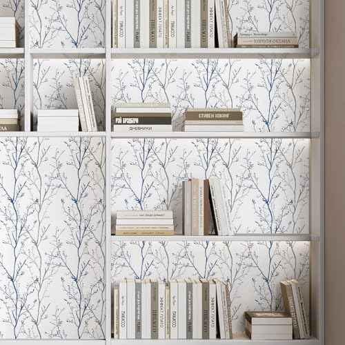 Grey Blue Tree Branches Peel and Stick Contact Paper 17.7" x 78.7" Modern Tree Branch Removable Wallpaper Natural Wall Paper Self-Adhesive Vinyl for Drawer Liner Furniture Crafts Accent Walls