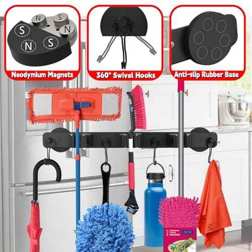 Magnetic Mop Broom Holder,Heavy Duty Movable Magnetic Wall Mount Tool Racks,No Drilling Utility Storage Shovel Hanger for Garage,Closet,Garden,Kitchen,Laundry (4 Hooks 3 Grippers,Black)