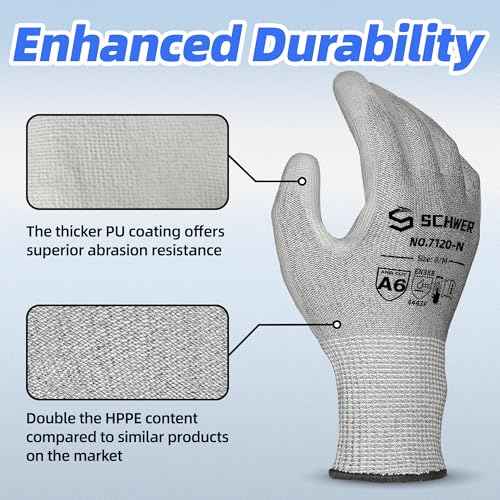 Schwer 6 Pairs ANSI A6 Cut Resistant Gloves CR7120 Cut Proof Work Gloves, Touchscreen, for Men and Women Used for Woodworking, Glass Cutting, Construction, Cargo Handling, Car Repair, L