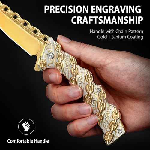 NedFoss CHAIN Pocket Knife, Mothers Day Christmas Gifts for Mom Dad Wife Husband, 3.5 inch Folding Knives, Cool knives with 3D Pattern Handle, Personalized Pocket Knife Gifts For Men Women (Gold)