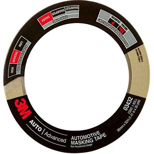 3M Automotive Masking Tape, 03432, 36 mm x 32 m ? High-Performance Crepe Paper Tape for Precise Paint Lines ? Solvent and Moisture Resistant ? Clean Removal